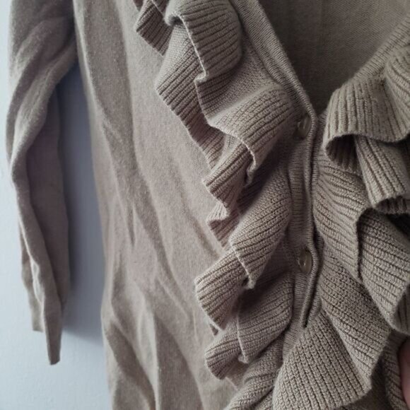 New York & Company Cardigan Neutral Cream Tan XS Ruffle Front 3/4 sleeves - Picture 2 of 5